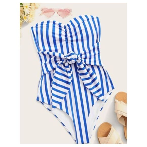 Strapless Summer Beach Striped Knot Front One Piece Swimsuit Blue White Large - Picture 1 of 10